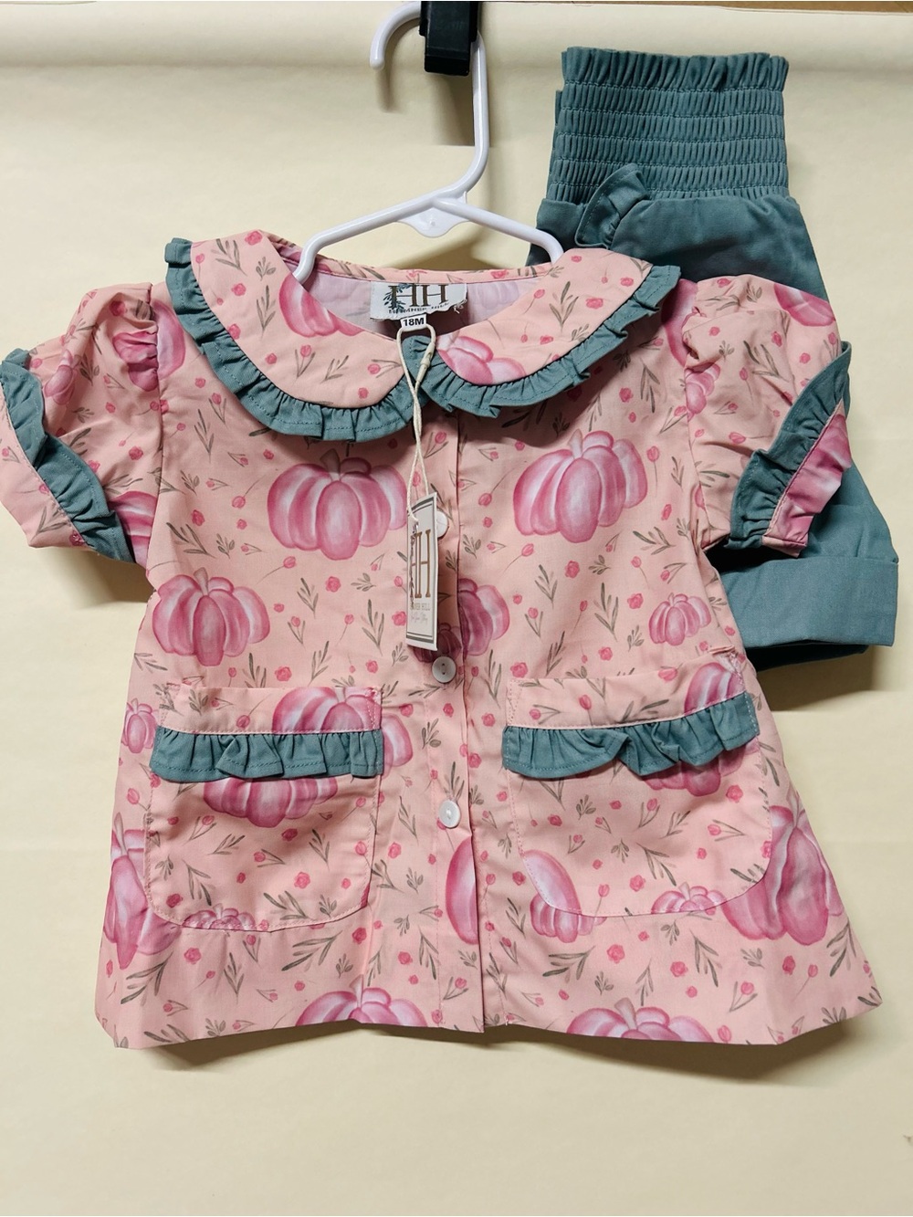 Pink Pumpkin Print Girls' Matching Set with Teal Trim